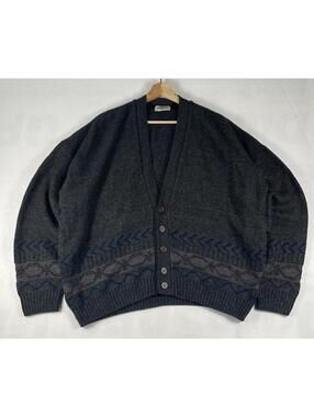 Vintage Metro Wool Acrylic Brown Gray Pattern Cardigan Made in UK Sz XL 28x26